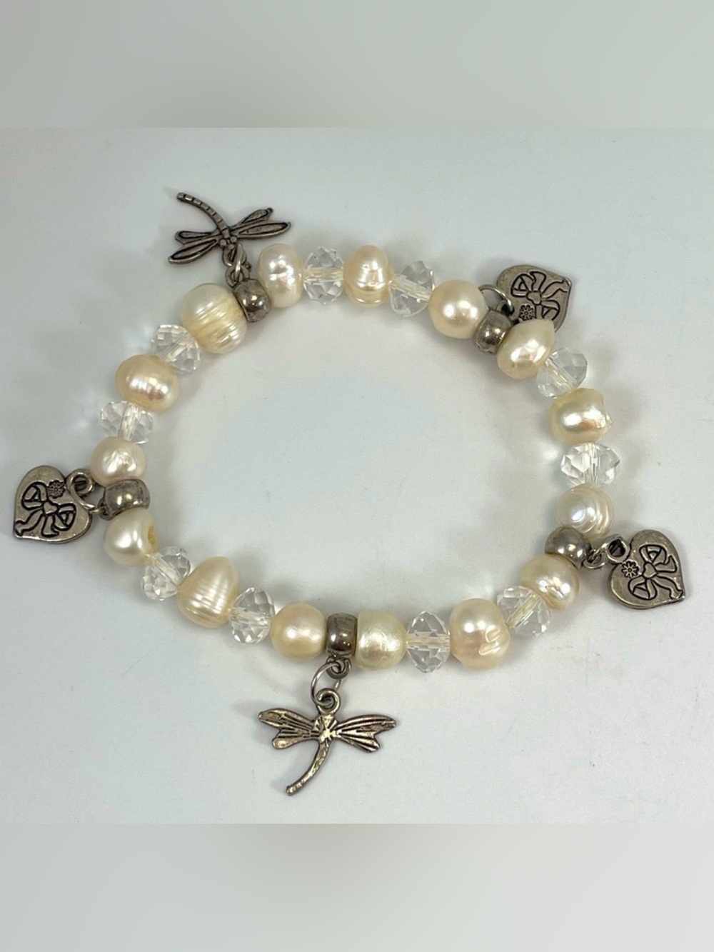 Unsigned Freshwater Pearl with Dragonfly and Cross Charm Stretch Bracelet